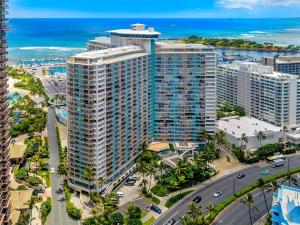 an aerial view of a tall building in a city at Ilikai Tower 1918 Lagoon View 1BR in Honolulu