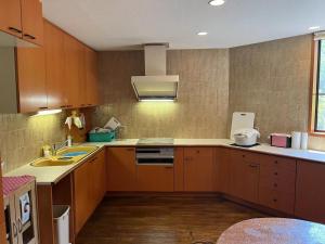 a kitchen with wooden cabinets and a sink and a stove at 山荘民宿 in Hashiba