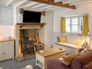 a living room with a fireplace and a tv at Holly Cottage in Kettlewell