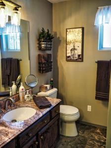 uma casa de banho com um lavatório, um WC e um espelho. em Pine Ridge - Memories are made here! em Florissant
