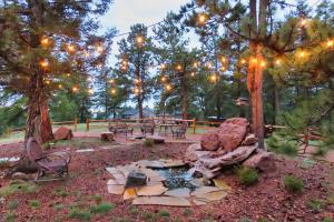 a fire pit in a garden with lights on trees at Pine Ridge - Memories are made here! in Florissant