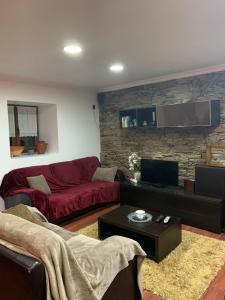 uma sala de estar com um sofá vermelho e uma parede de pedra em Casa do Soto em Milhão