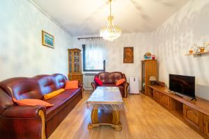 ein Wohnzimmer mit Ledermöbeln und einem TV in der Unterkunft Apartments with parking space Bibinje, Zadar - 18275 in Bibinje