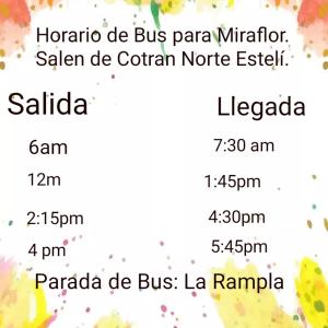 zrzut ekranu menu dla autobusu parra milan mirereo w obiekcie Finca Fuente de Vida w mieście Estelí