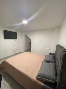 1 dormitorio con 1 cama y TV de pantalla plana en Aparta estudio, en Filandia