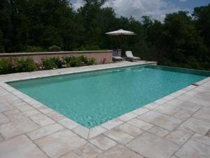 a swimming pool in a yard with an umbrella at Le Mas Saint Jacques in Crillon-le-Brave