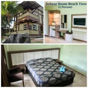 - deux photos d'une chambre avec un lit et d'une maison dans l'établissement Delta Chenang Resort, à Pantai Cenang