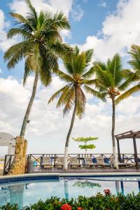 a swimming pool with palm trees and the beach at Hotel Portoalegre in Coveñas