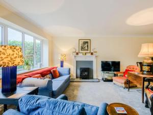 a living room with blue furniture and a fireplace at Hilley Holey in Horning