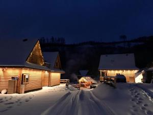 une cabane en rondins dans la neige la nuit dans l'établissement Cicha Polana, à Szczyrk