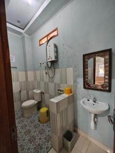 ein Badezimmer mit einem Waschbecken, einem WC und einem Spiegel in der Unterkunft Pondok Dewi in Pangandaran
