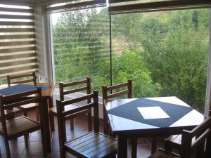 two tables and chairs in a room with a large window at Apartment Ana Marija in Mavrovo +31 photos