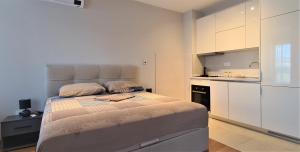 een kleine slaapkamer met een bed en een keuken bij Green Apartments Podgorica With Garage in Podgorica