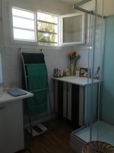 ein kleines Bad mit einer Theke und einem Fenster in der Unterkunft Maison de village en bord de rivière in Narcy