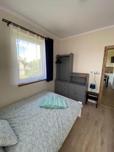 a bedroom with a bed and a window and a desk at Apartamenty Stołowe in Kudowa-Zdrój