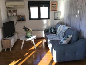 un salon avec un canapé bleu et une télévision dans l'établissement Monteview Loft Apartment, à Herceg-Novi