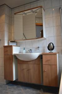 ein Bad mit einem Waschbecken und einem Spiegel in der Unterkunft Ferienhaus Heideidyll in Bispingen
