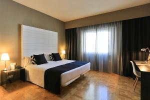 um quarto com uma cama, uma secretária e uma janela em Hotel Leyre em Pamplona