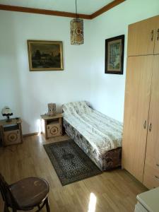 a bedroom with a bed and a table and a chair at Tóbiás Tanya Vendégház in Hódmezővásárhely