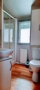 La salle de bains est pourvue de toilettes blanches et d'un lavabo. dans l'établissement Bayview Brixham, à Brixham