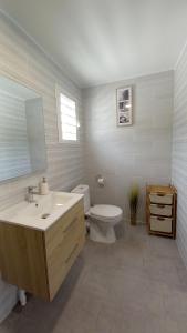 bagno con lavandino, servizi igienici e specchio di Appartement au cœur du village d'HellBourg a Salazie