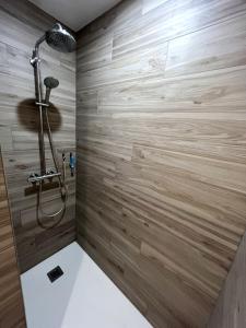 a shower in a bathroom with a wooden wall at Chambre cosy, proche centre-ville et gare in Colmar