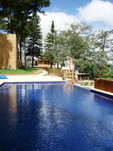a blue swimming pool with trees in the background at San Gregorio Hotel & SPA in Villa Canales