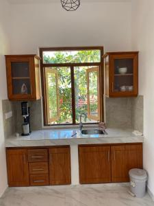 eine Küche mit einem Waschbecken und einem Fenster in der Unterkunft The Pearl in Marawila