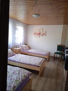 Železný BrodにあるUbytovani u Nadiiのベッド3台と椅子が備わる部屋