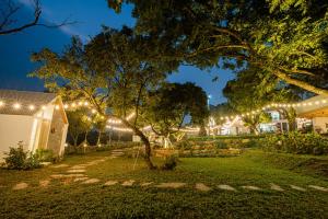 a garden lit at night with string lights w obiekcie LaVa Haus Homestay Hòa Bình - Venuestay w mieście Hòa Bình