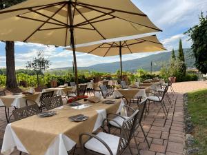 uma fila de mesas e cadeiras com guarda-sóis em IL COLOMBAIO WINERY & Rooms em Monteriggioni