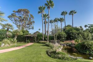 ogród z palmami i stawem w obiekcie Townhouse beachfront in Costalita w mieście Estepona