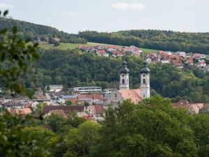 a town with two towers on a hill with trees at Ferienwohnung am Hof in Zwiefalten