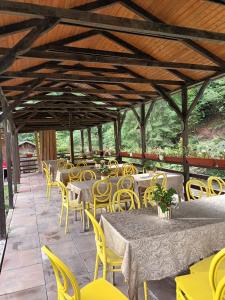 una fila de mesas y sillas amarillas en un patio en Pension Onelia, en Gârda de Sus