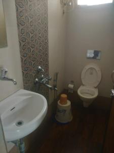 a bathroom with a white sink and a toilet at Saritas Guest House - Bogmalo Beach in Bogmalo