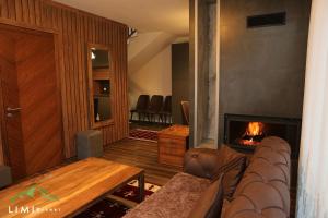 a living room with a couch and a fireplace at Limi-Resort in Peje