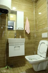 La salle de bains est pourvue de toilettes, d'un lavabo et d'un miroir. dans l'établissement Limi-Resort, à Peje