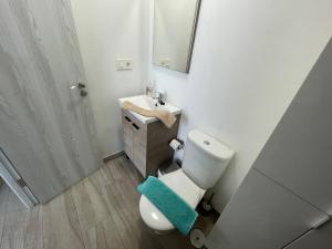 a bathroom with a toilet and a sink with a mirror at Arguineguin Beach Lux Solarium Petite in Arguineguín +15 photos