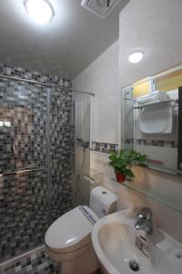 y baño con aseo, lavabo y ducha. en Dali Moonlight B&B, en Taitung