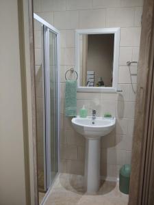 y baño con lavabo, espejo y ducha. en Droom Verlore, en Jeffreys Bay