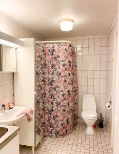 Frost Longstay Sundellsgatan 3 H في هاباراندا: حمام مع ستارة دش ومرحاض