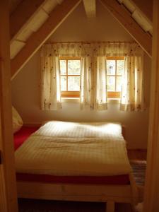 a bed in a room with two windows at Almhütte Badstube in Patergassen