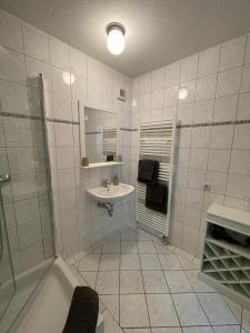 ein weißes Bad mit einem Waschbecken und einer Dusche in der Unterkunft Jagdschlösschen Schwartow in Boizenburg