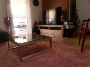 ein Wohnzimmer mit Fernseher und Couchtisch in der Unterkunft Maison spacieuse avec jacuzzi et vue sur la mer à Sainte-Rose in Sainte-Rose