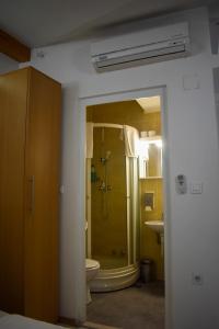 een badkamer met een douche en een toilet bij Hotel Kovači in Sarajevo