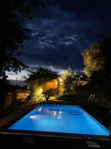 - une grande piscine bleue la nuit dans l'établissement Casa do Tapadinho, à Ribeira de Pena