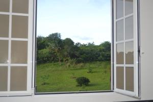 una ventana abierta con vistas a un campo verde en Plumeria Hébergement Tiare en Grand-Bourg