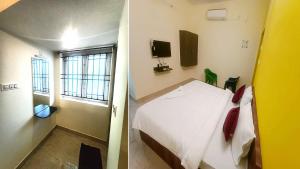 two pictures of a bedroom with a bed and a window at PPH Living Royal Pride in Madurai