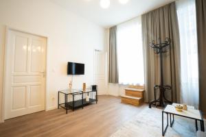 Telewizja i/lub zestaw kina domowego w obiekcie Spacious apartment with huge shared terrace and grill located between city centre and Donau river