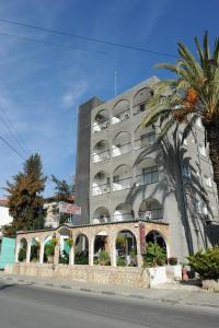 een hoog gebouw met een palmboom ervoor bij Le Village Hotel in Limassol